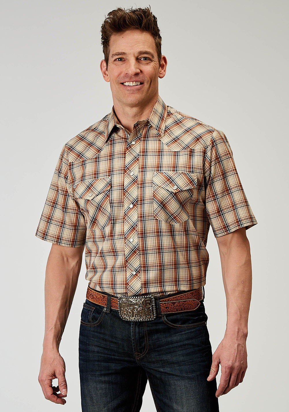 Roper Mens Short Sleeve Snap Brown Plaid Western Shirt - Roper