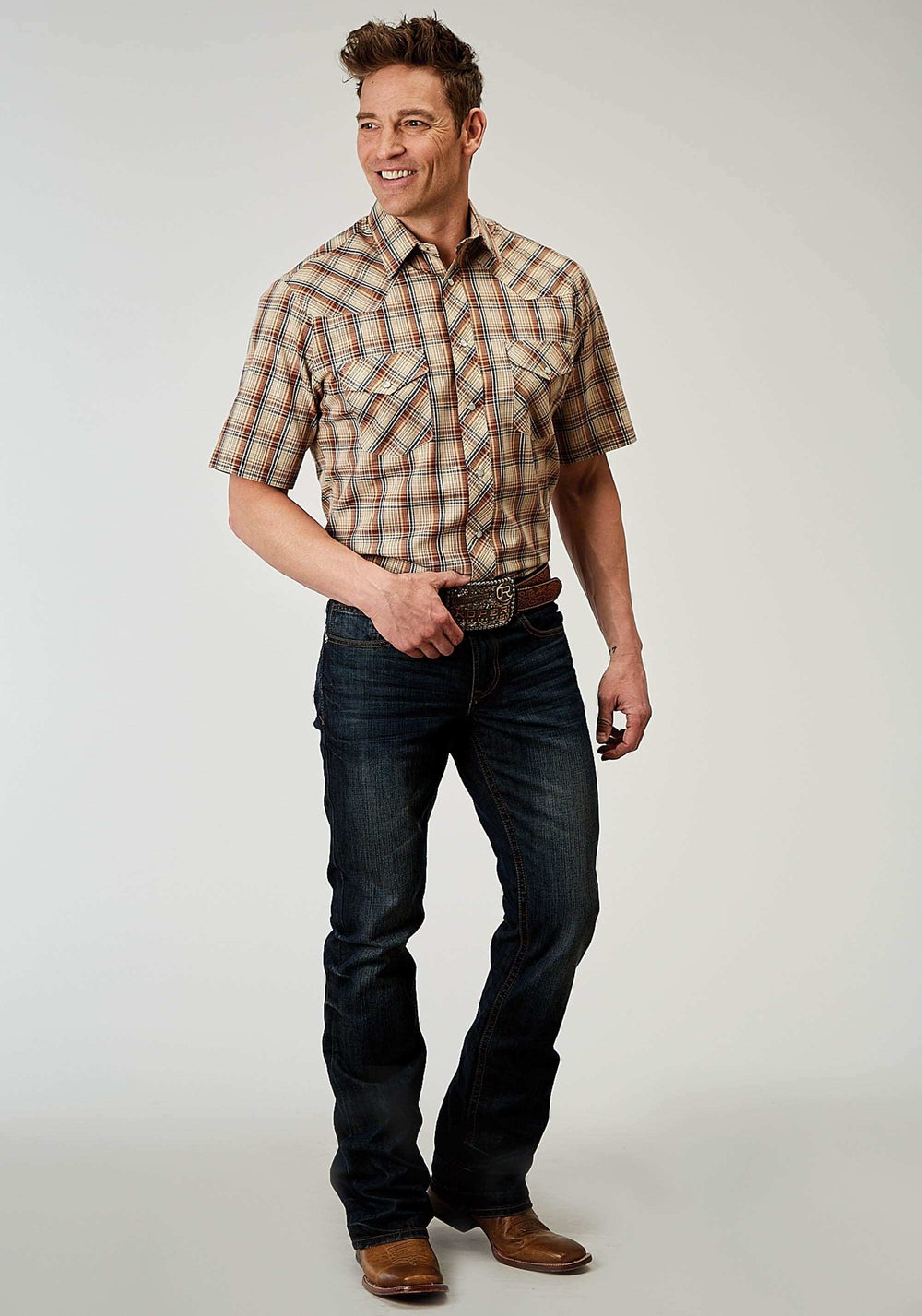 Roper Mens Short Sleeve Snap Brown Plaid Western Shirt - Roper - Flyclothing LLC