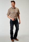 Roper Mens Short Sleeve Snap Brown Plaid Western Shirt - Roper