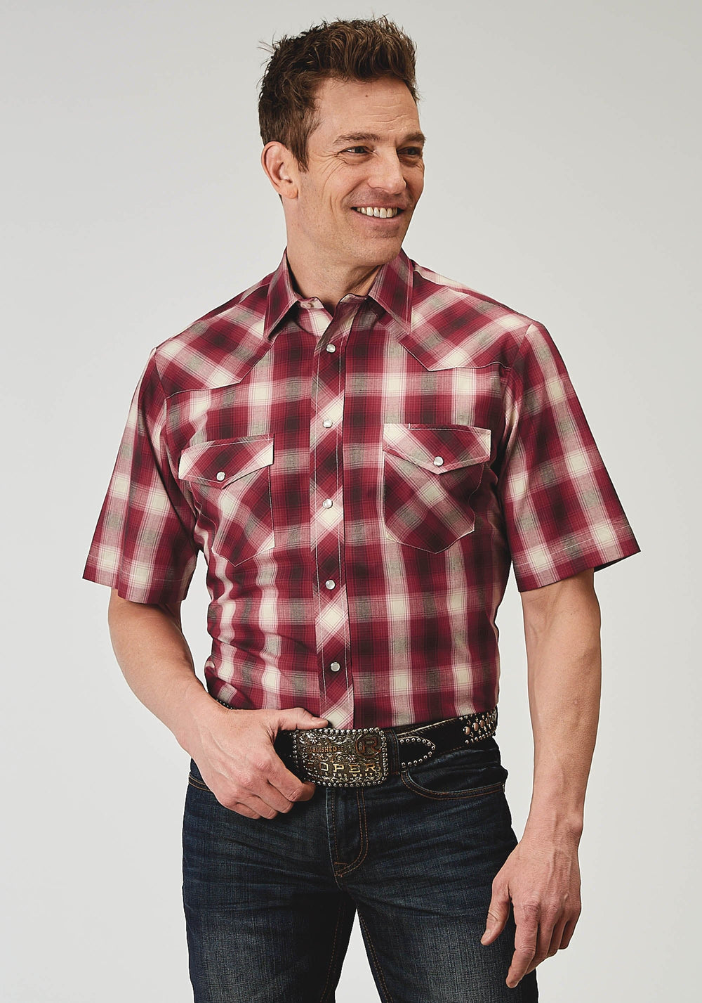 Roper Mens Short Sleeve Snap Red Plaid Western Shirt - Roper