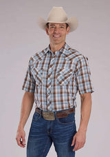 Roper Mens Cocoa Sky Blue White Plaid Short Sleeve Snap Western Shirt - Roper - Flyclothing LLC