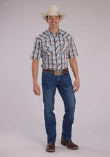 Roper Mens Cocoa Sky Blue White Plaid Short Sleeve Snap Western Shirt - Roper - Flyclothing LLC