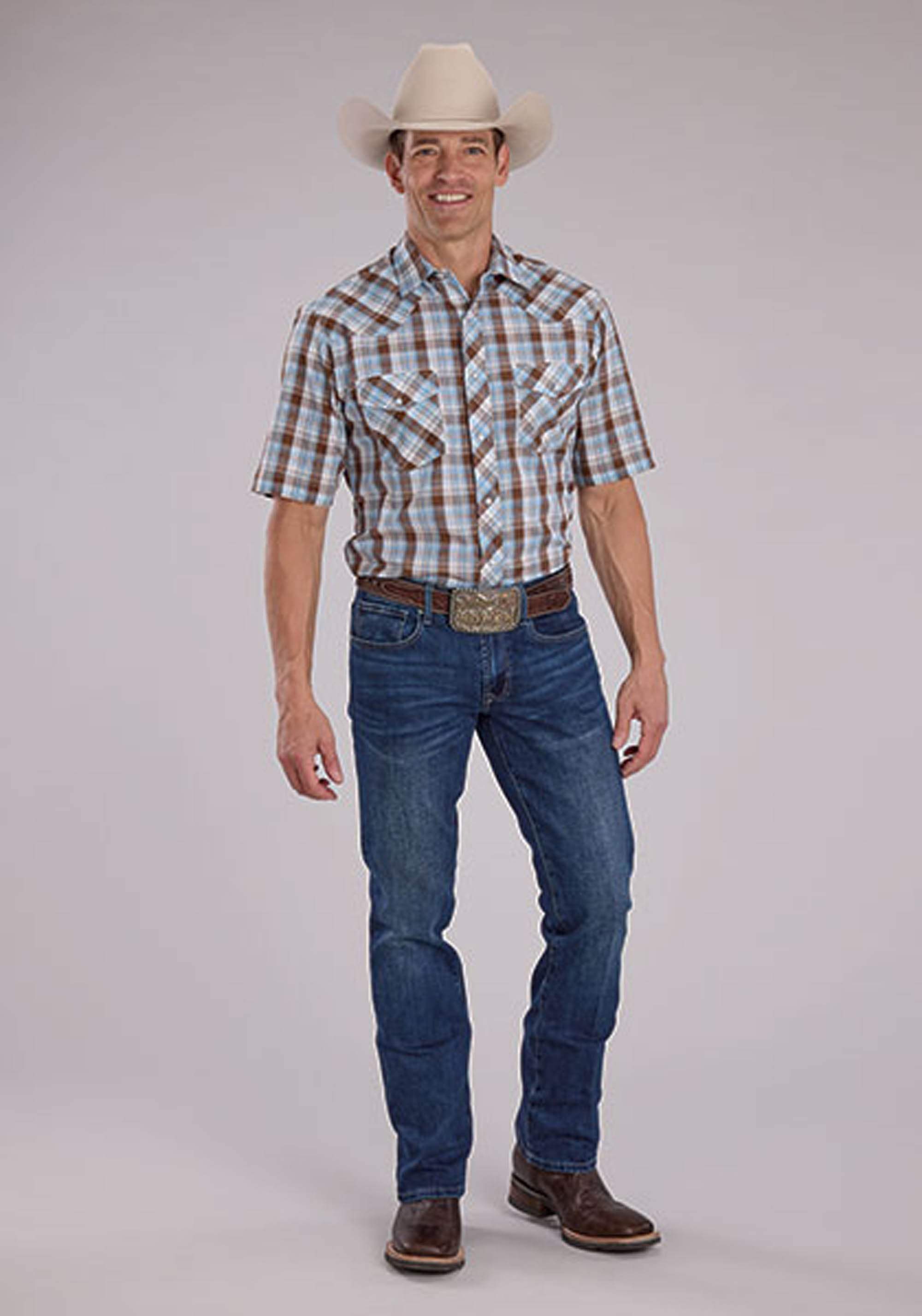 Roper Mens Cocoa Sky Blue White Plaid Short Sleeve Snap Western Shirt - Roper - Flyclothing LLC
