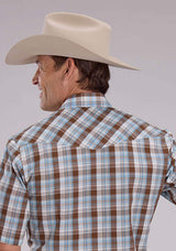 Roper Mens Cocoa Sky Blue White Plaid Short Sleeve Snap Western Shirt - Roper - Flyclothing LLC