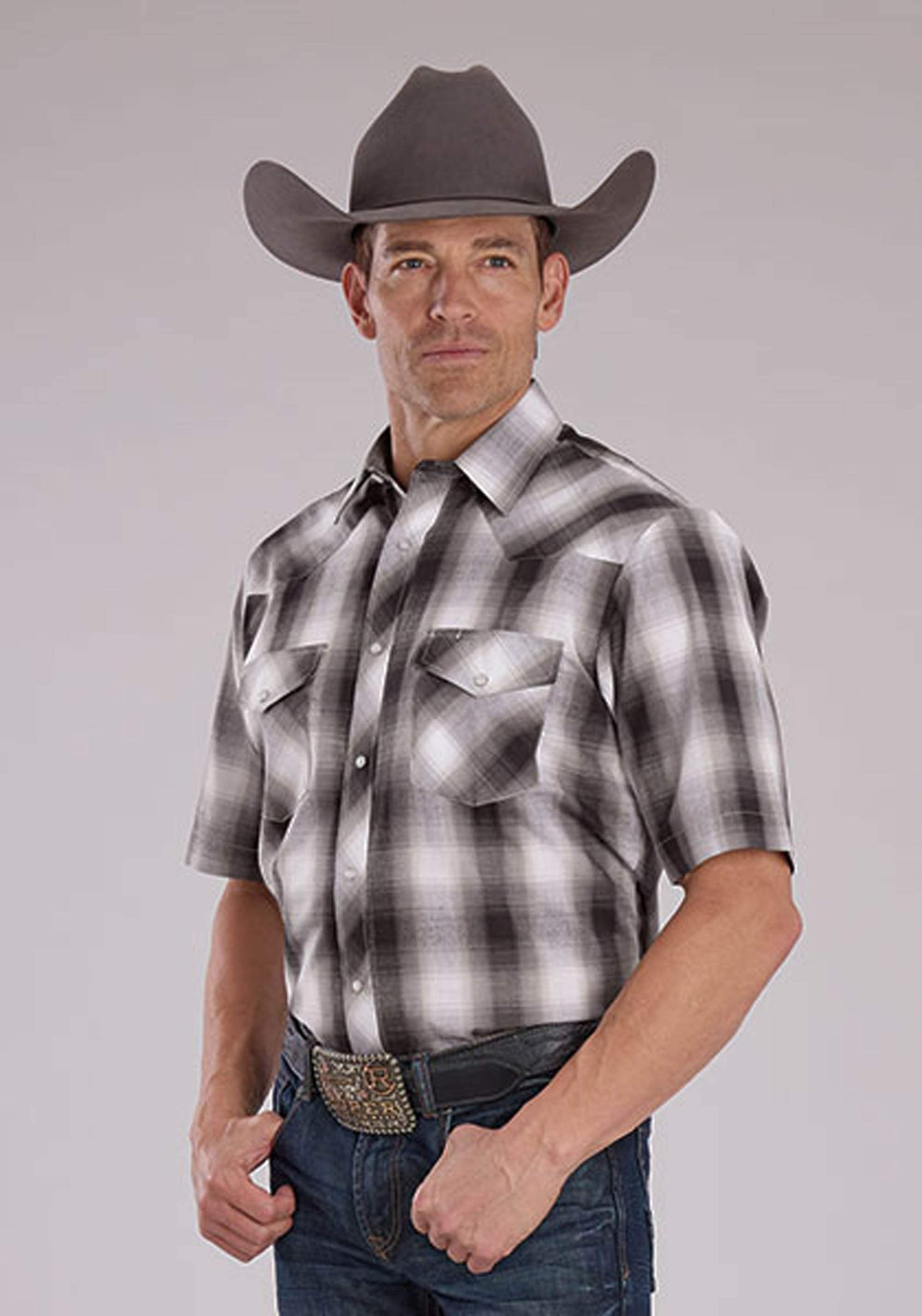 Roper Mens Gray Black And White Plaid Short Sleeve Snap Western Shirt - Roper - Flyclothing LLC