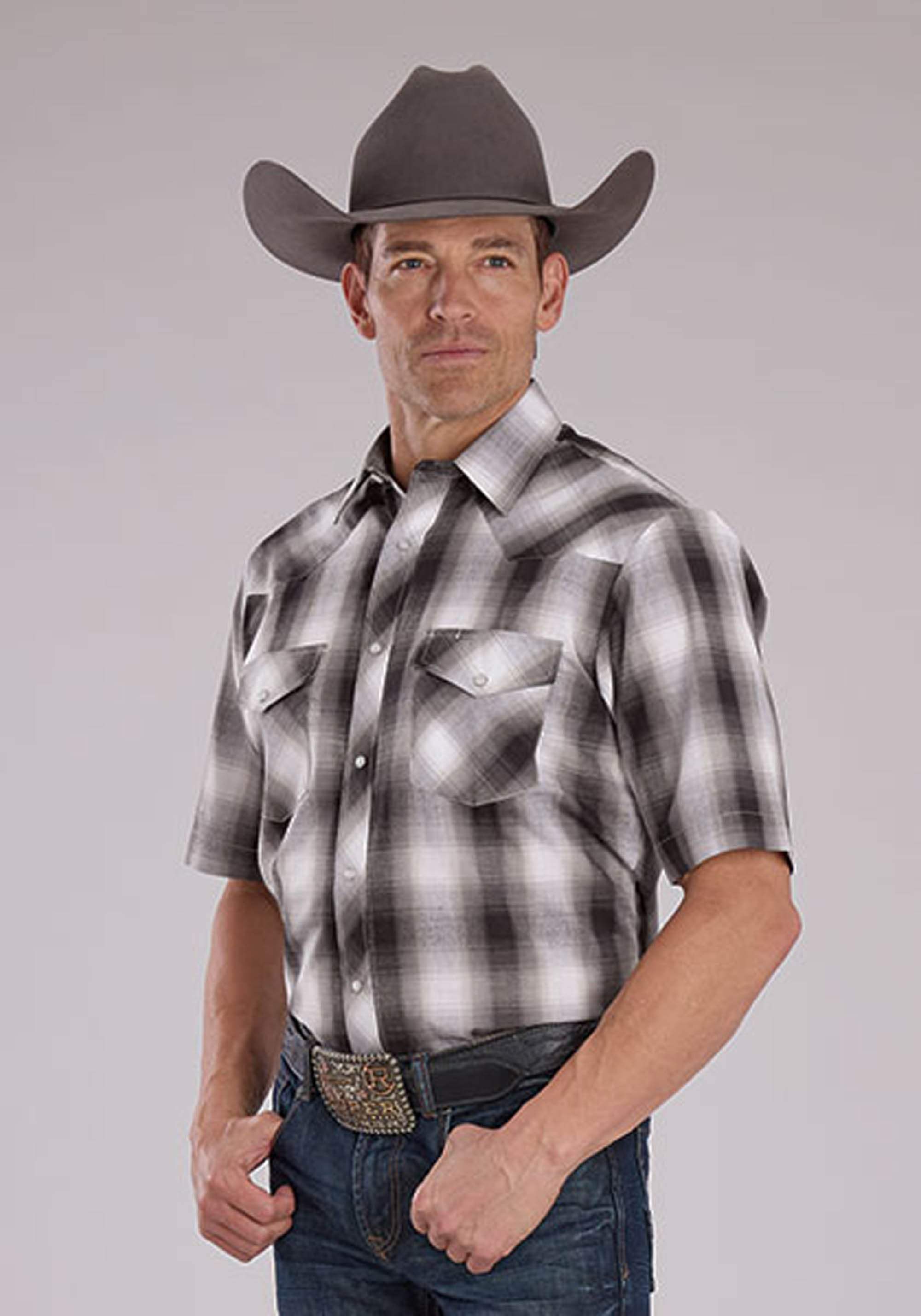 Roper Mens Gray Black And White Plaid Short Sleeve Snap Western Shirt - Roper - Flyclothing LLC
