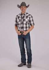 Roper Mens Gray Black And White Plaid Short Sleeve Snap Western Shirt - Roper - Flyclothing LLC