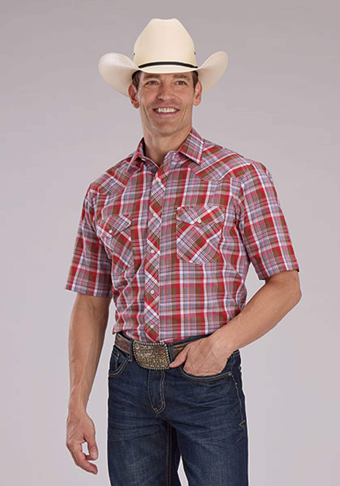 Roper Mens Brown Red And Blue Plaid Short Sleeve Snap Western Shirt - Roper - Flyclothing LLC