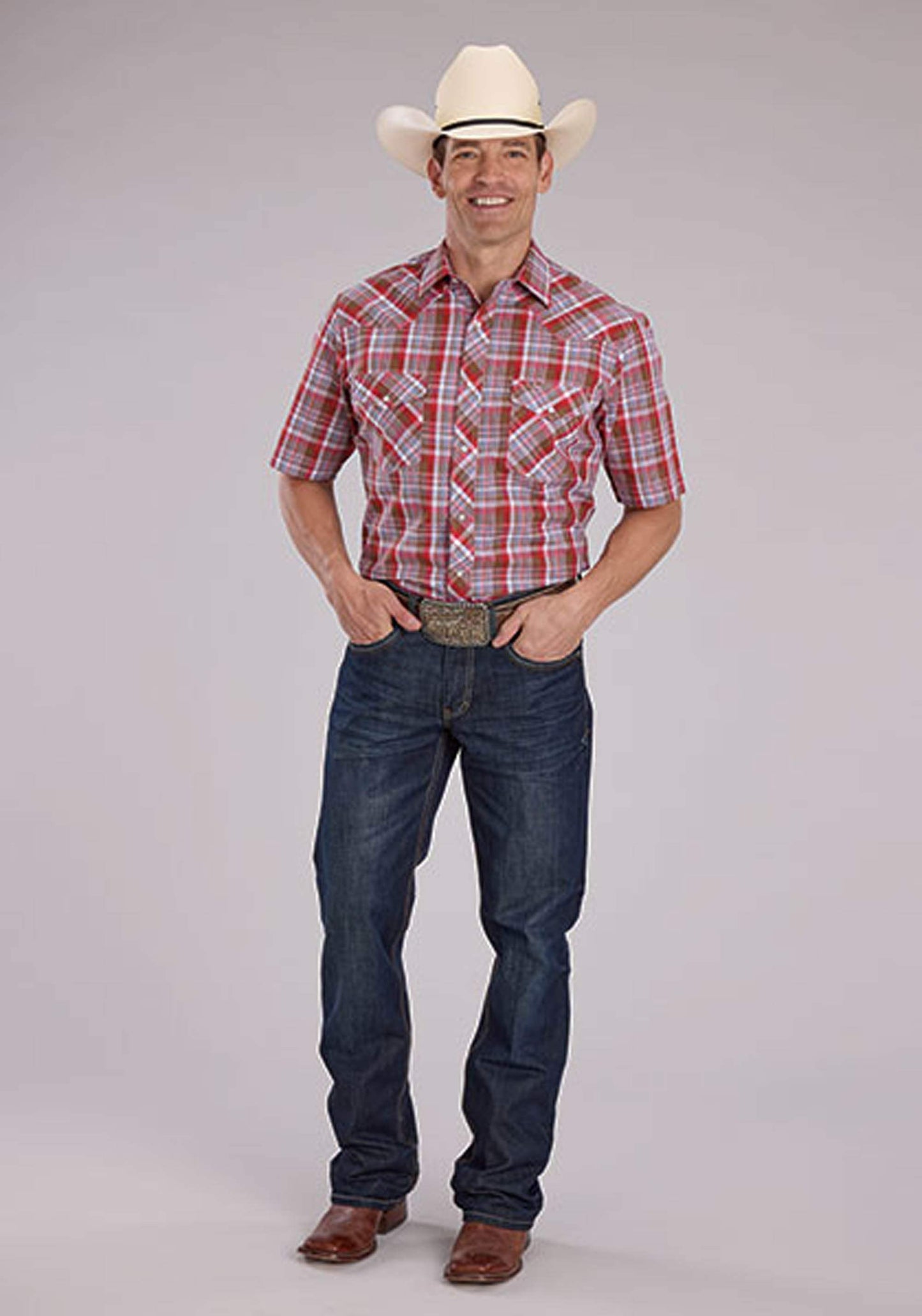 Roper Mens Brown Red And Blue Plaid Short Sleeve Snap Western Shirt - Roper - Flyclothing LLC