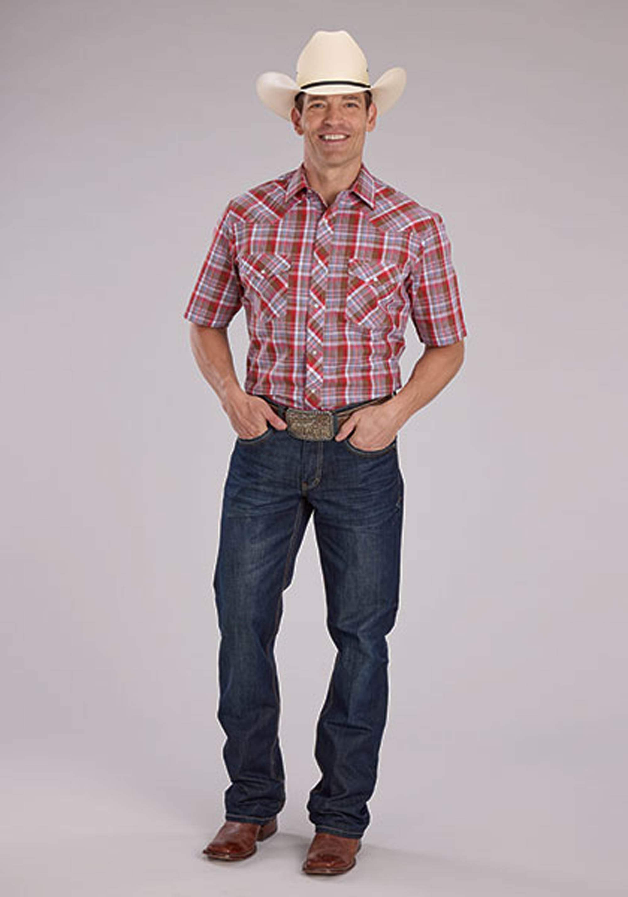 Roper Mens Brown Red And Blue Plaid Short Sleeve Snap Western Shirt - Roper - Flyclothing LLC