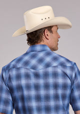 Mens Roper Navy  Sky Blue Plaid Short Sleeve Snap Shirt