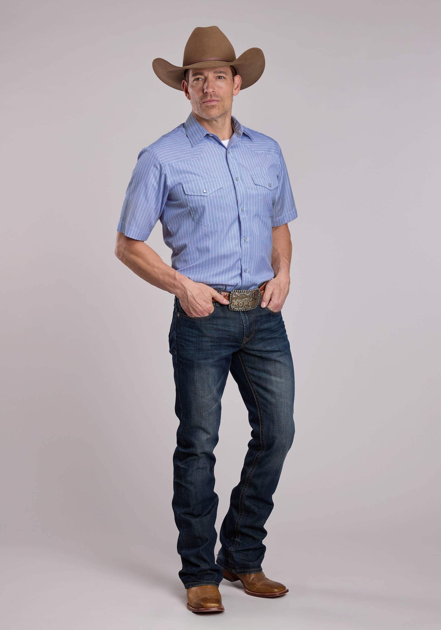 Mens Roper Blue White Wide Stripe Short Sleeve Snap Shirt - Roper - Flyclothing LLC