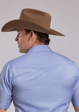 Mens Roper Blue White Wide Stripe Short Sleeve Snap Shirt - Roper - Flyclothing LLC
