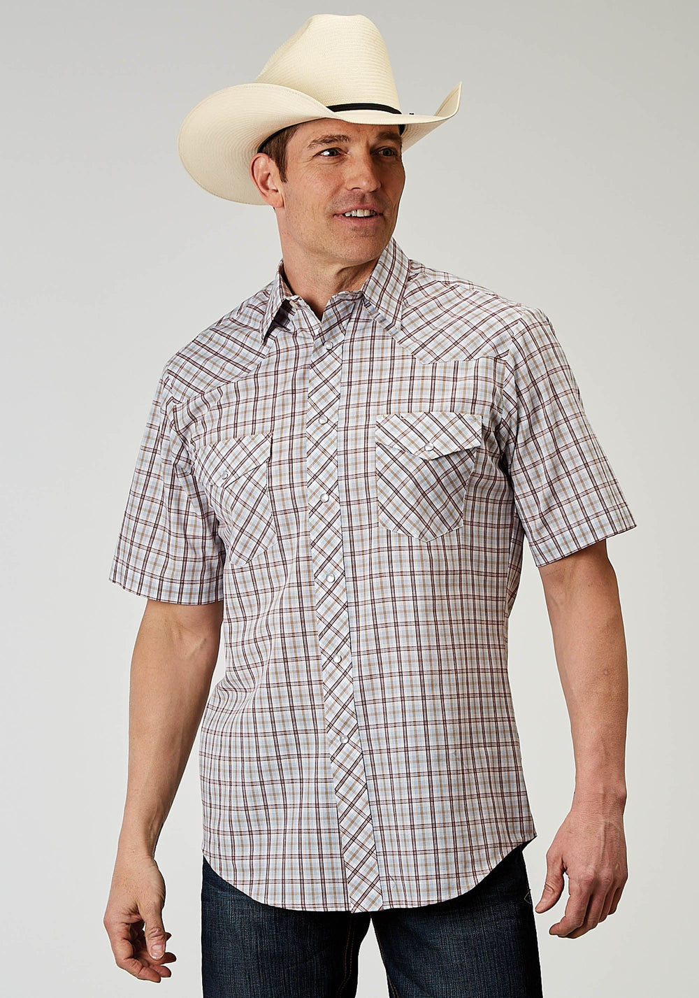Roper Mens Short Sleeve Snap Vintage Plaid Western Shirt Tall Fit - Roper