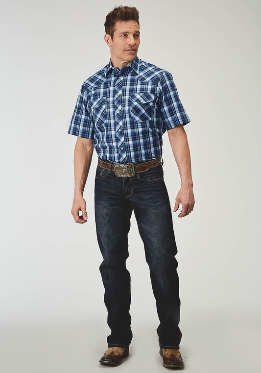 Roper Mens Short Sleeve Snap Midnight Plaid Western Shirt Tall Fit - Roper