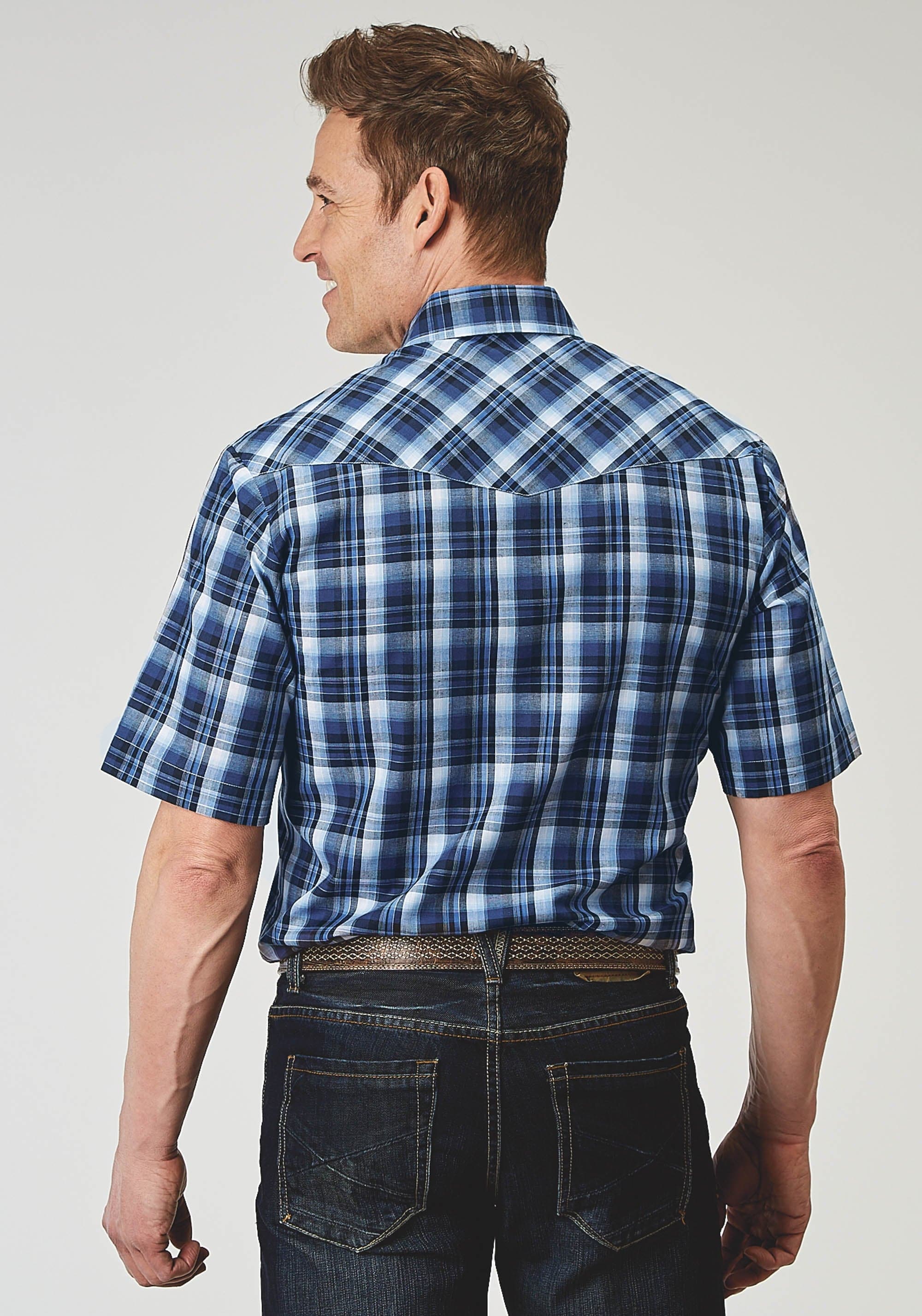 Roper Mens Short Sleeve Snap Midnight Plaid Western Shirt Tall Fit - Roper