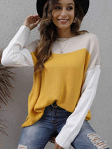 Color Block Round Neck Dropped Shoulder Sweater - Trendsi - Flyclothing LLC