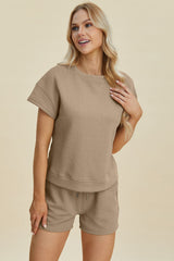 Double Take Full Size Texture Short Sleeve Top and Shorts Set - Trendsi