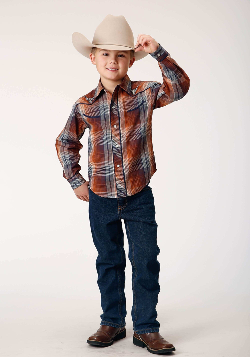 Roper Boys Long Sleeve Snap Brown Navy Cream Plaid Western Shirt With Piping And Embroidery On Yokes - Roper - Flyclothing LLC