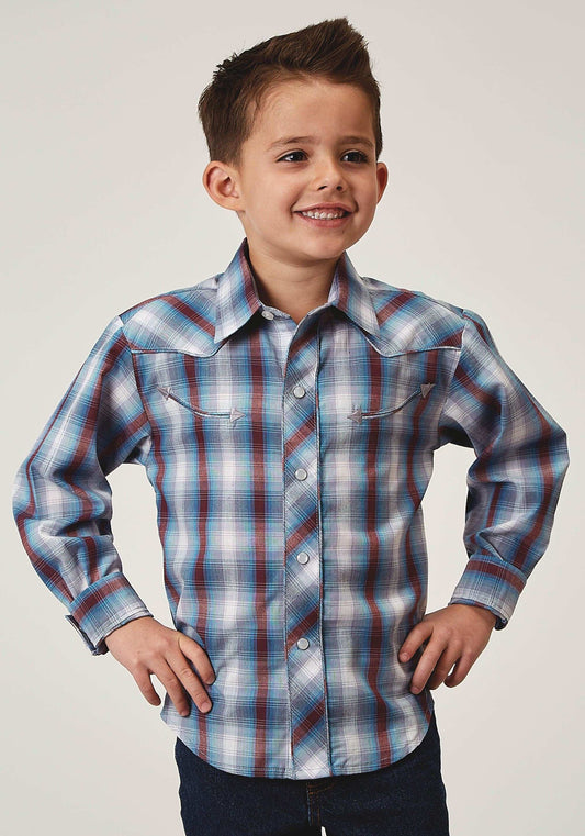 Roper Boys Long Sleeve Snap Americana Plaid Western Shirt With Embroidery On Back Yokes Smile Pockets - Roper - Flyclothing LLC