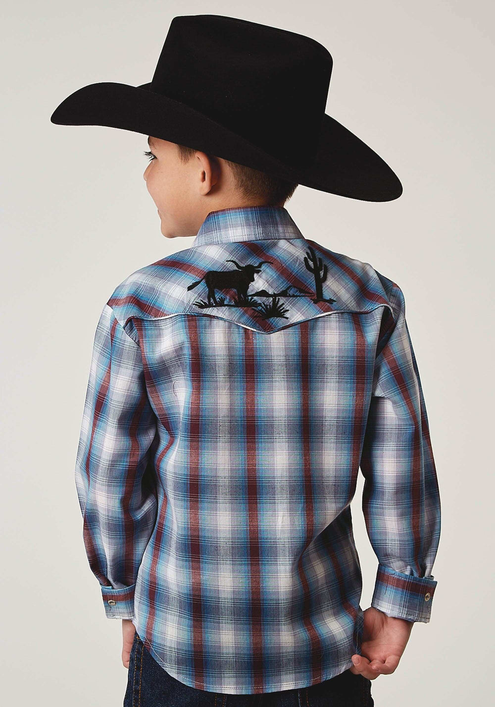 Roper Boys Long Sleeve Snap Americana Plaid Western Shirt With Embroidery On Back Yokes Smile Pockets - Roper - Flyclothing LLC