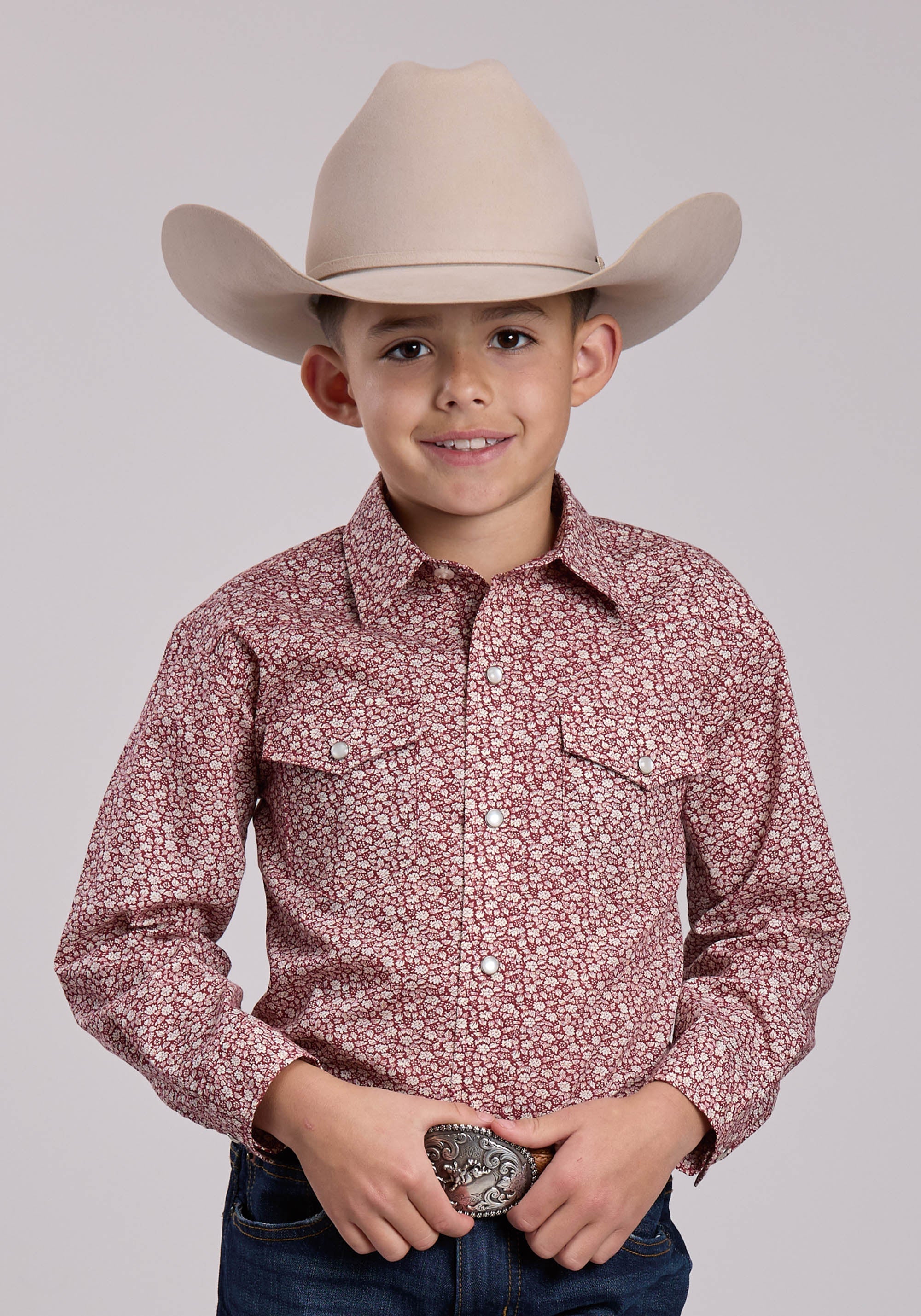 Boys Roper Red Floral Print Long Sleeve Snap Shirt