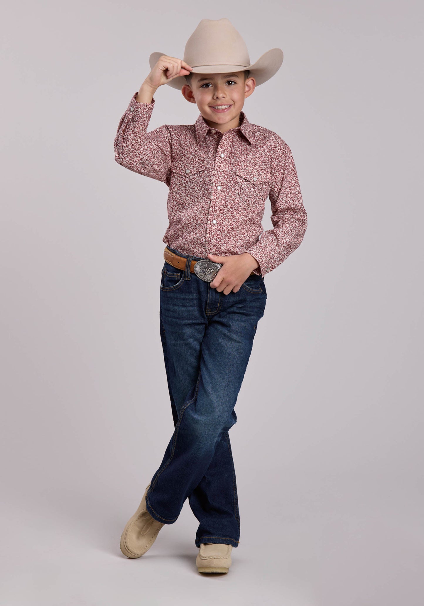 Boys Roper Red Floral Print Long Sleeve Snap Shirt