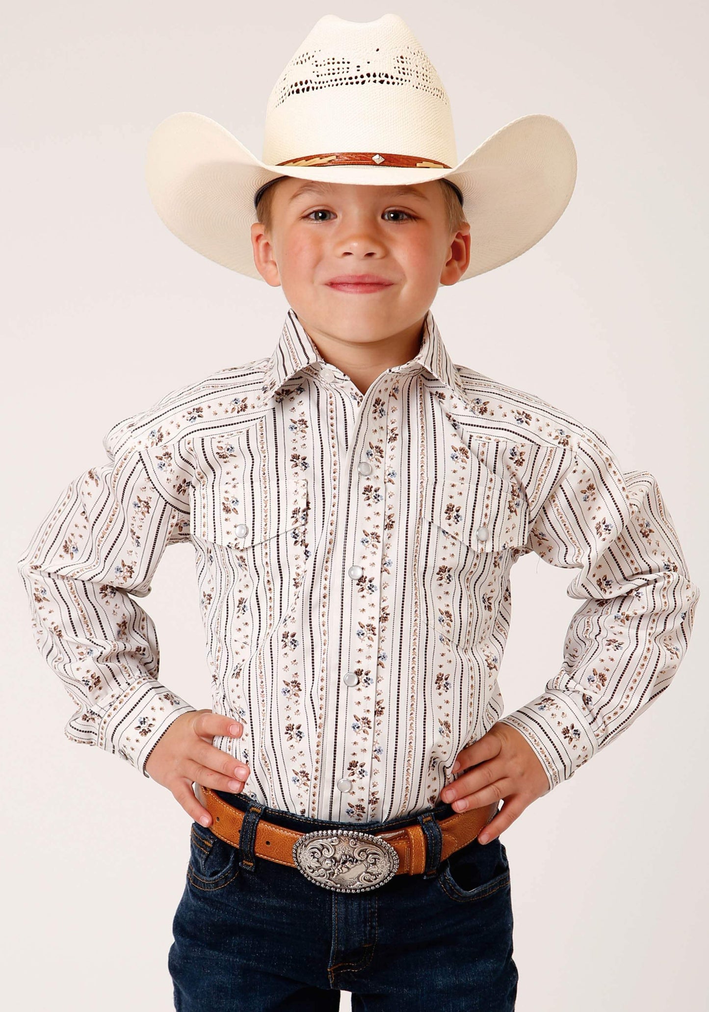 Roper Boys Long Sleeve Snap Brown And Blue Wallpaper Stripe Western Shirt - Roper - Flyclothing LLC