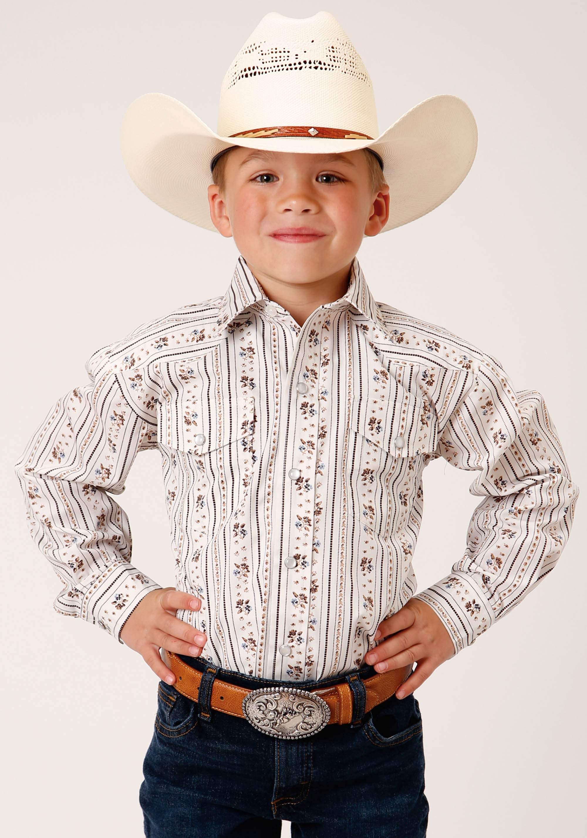 Roper Boys Long Sleeve Snap Brown And Blue Wallpaper Stripe Western Shirt - Roper - Flyclothing LLC