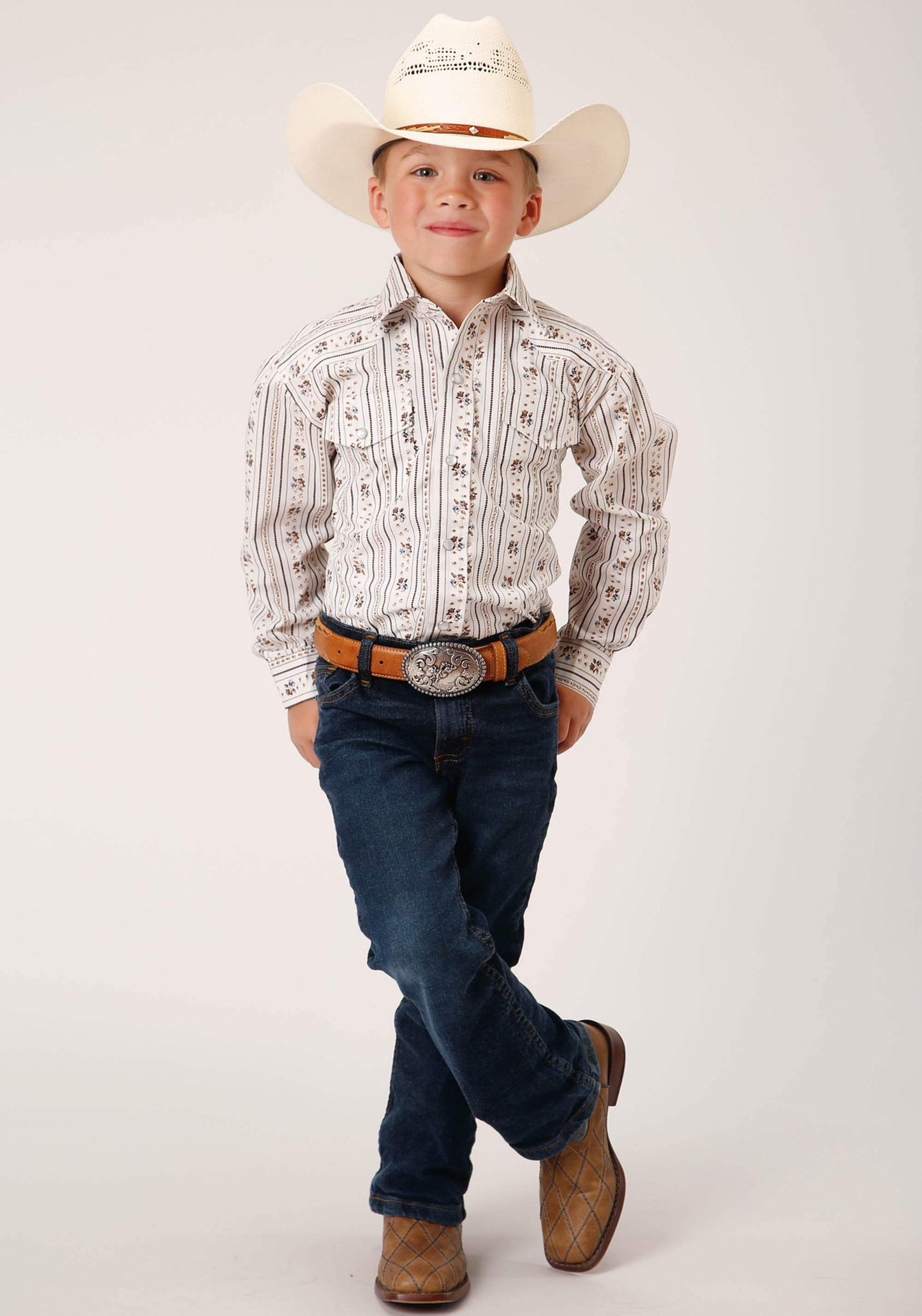 Roper Boys Long Sleeve Snap Brown And Blue Wallpaper Stripe Western Shirt - Roper - Flyclothing LLC
