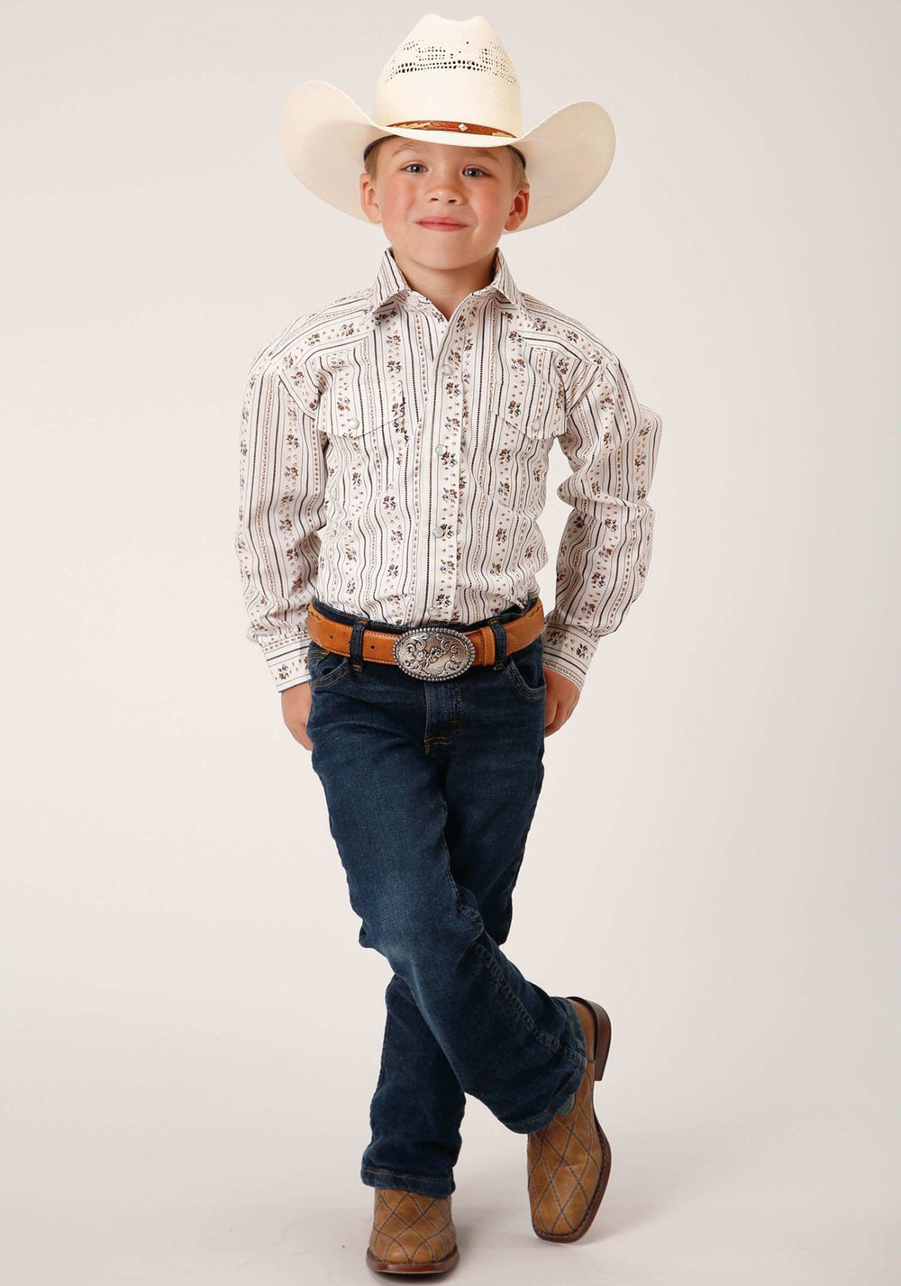 Roper Boys Long Sleeve Snap Brown And Blue Wallpaper Stripe Western Shirt - Roper - Flyclothing LLC