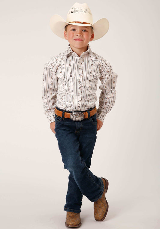 Roper Boys Long Sleeve Snap Brown And Blue Wallpaper Stripe Western Shirt - Roper - Flyclothing LLC