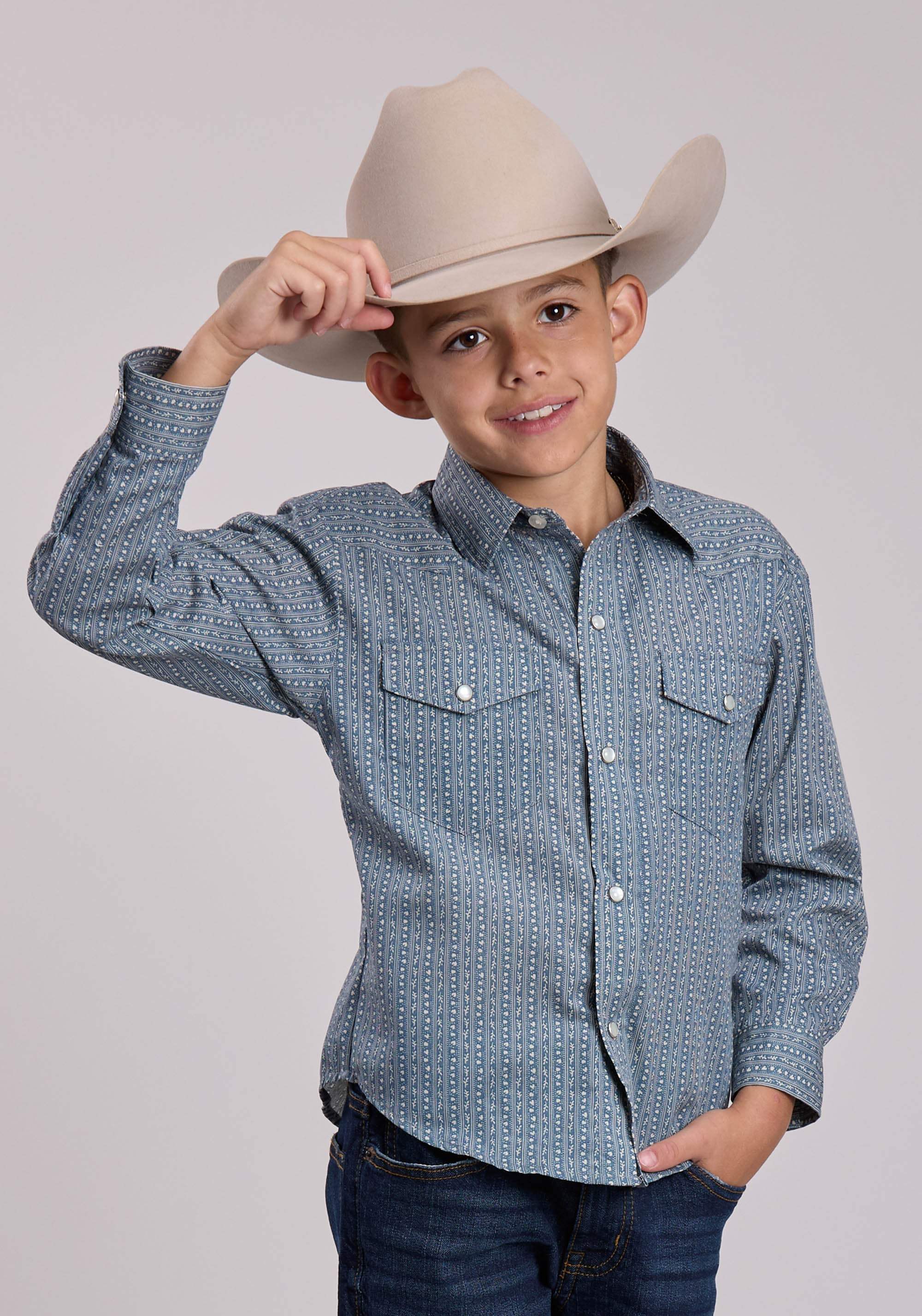 Boys Roper Blue Cream Floral Wallpaper Stripe Long Sleeve Snap Shirt - Roper - Flyclothing LLC