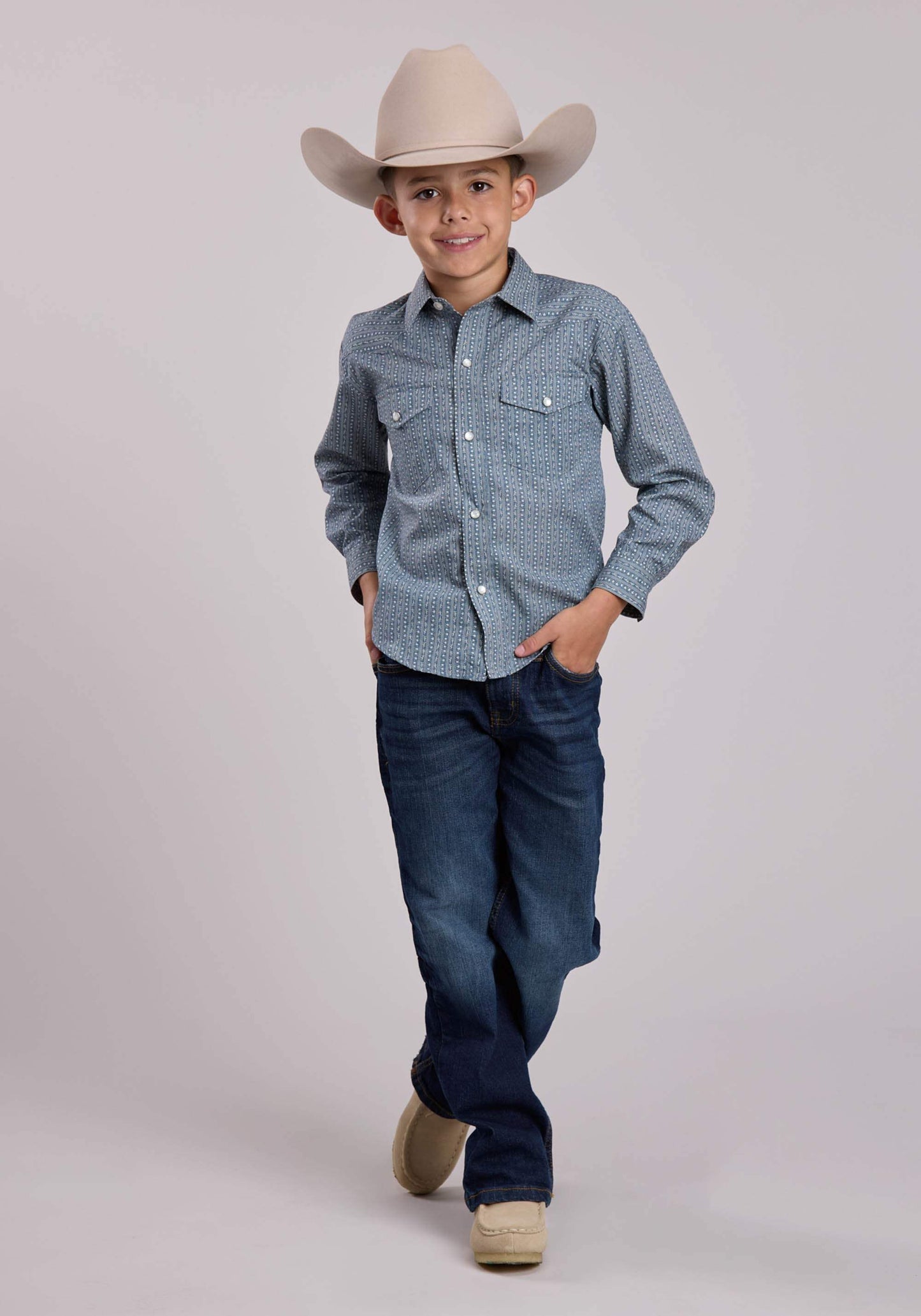 Boys Roper Blue Cream Floral Wallpaper Stripe Long Sleeve Snap Shirt - Roper - Flyclothing LLC