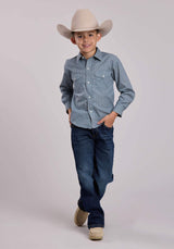 Boys Roper Blue Cream Floral Wallpaper Stripe Long Sleeve Snap Shirt - Roper - Flyclothing LLC