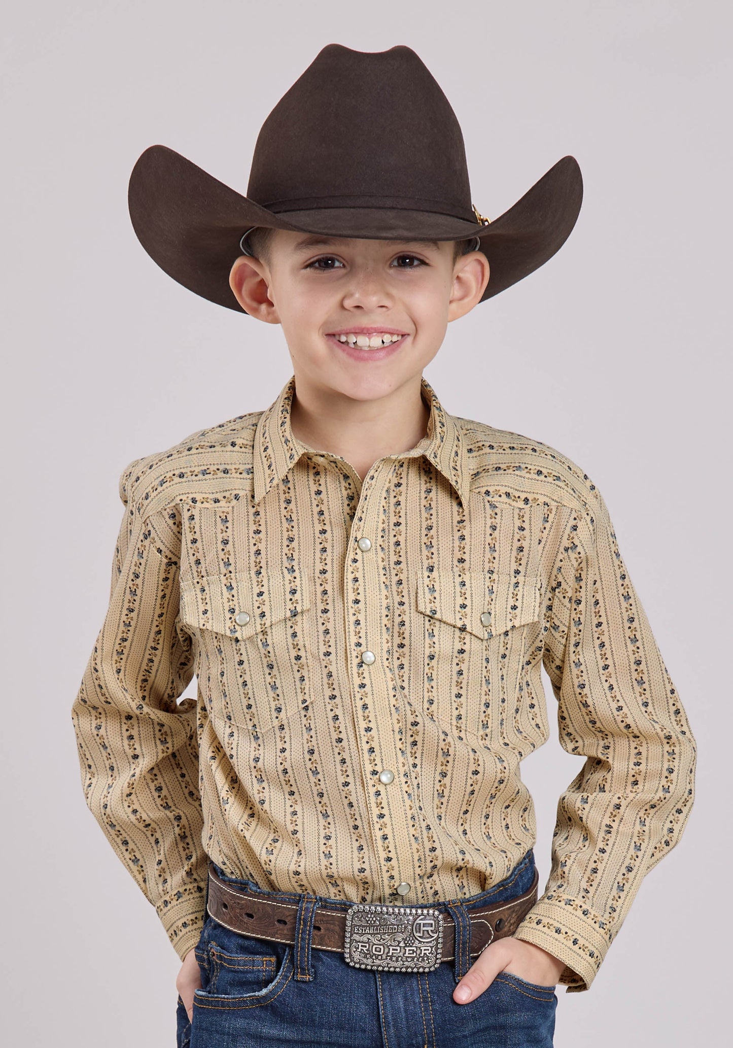 Roper Boys Long Sleeve Snap Wallpaper Floral Print Western Shirt