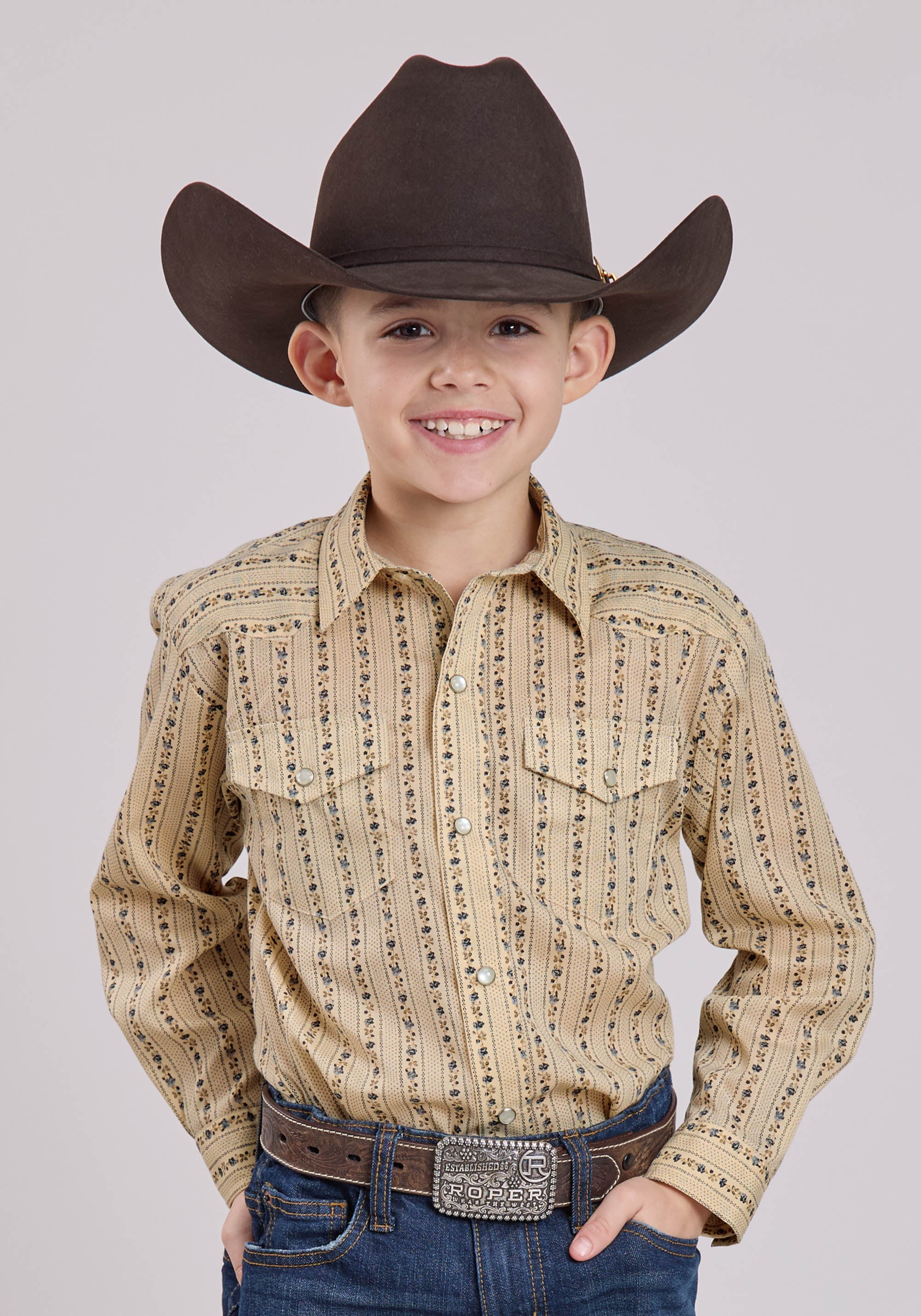Roper Boys Long Sleeve Snap Wallpaper Floral Print Western Shirt