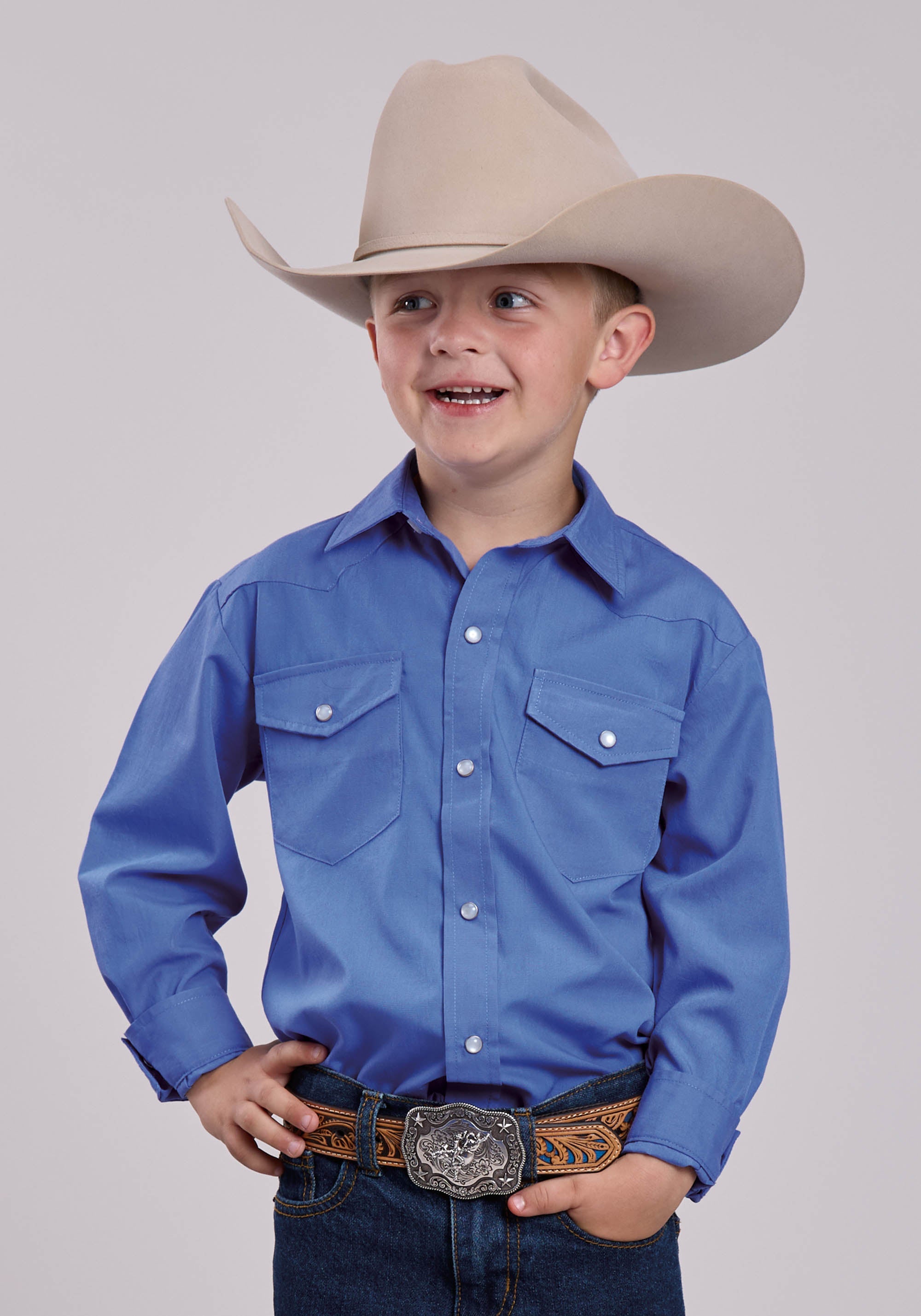 Boys Roper Solid Sky Blue Long Sleeve Snap Shirt
