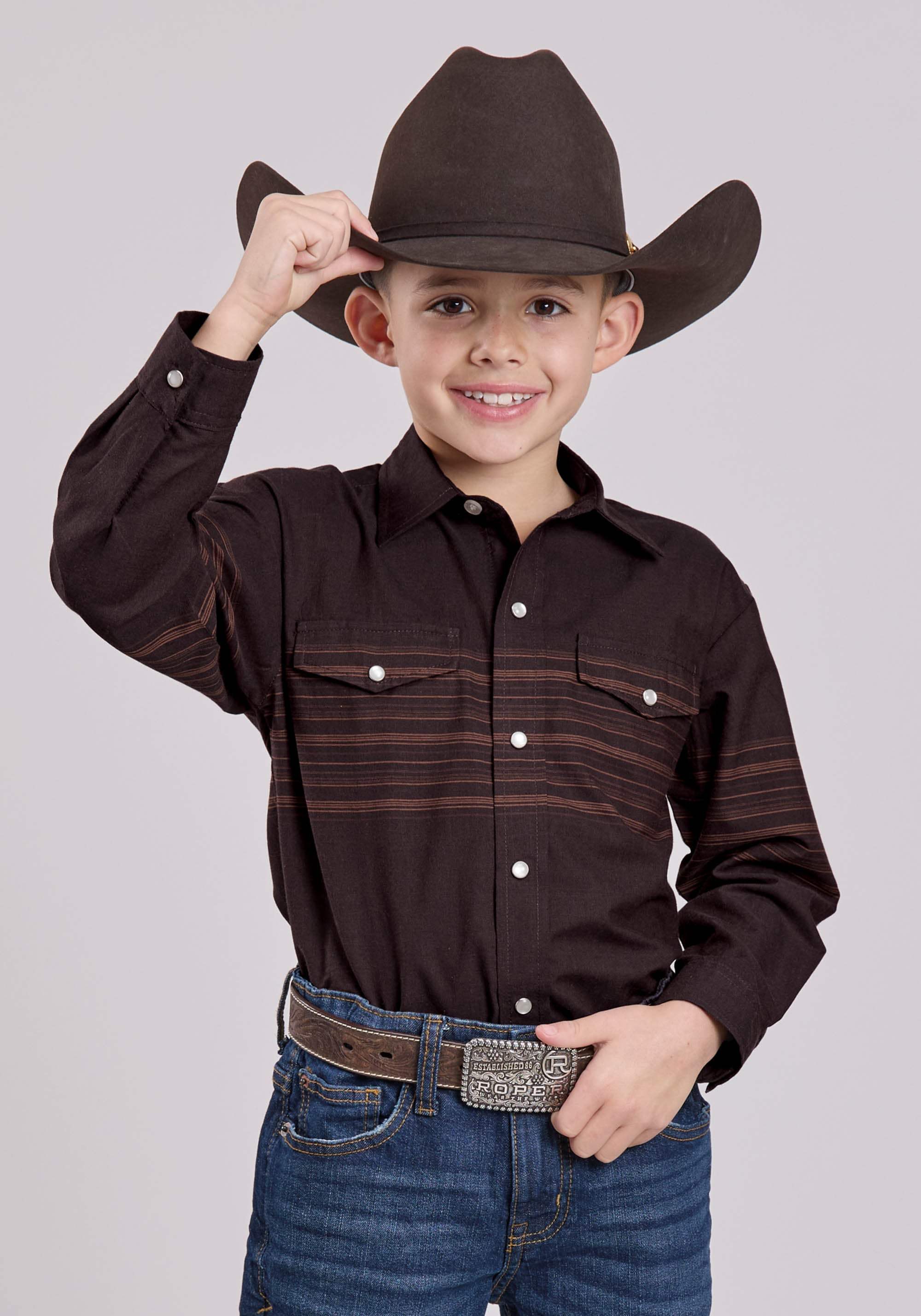 Roper Boys Long Sleeve Snap Chocolate Saddle Brown Border Strp Western Shirt - Roper - Flyclothing LLC
