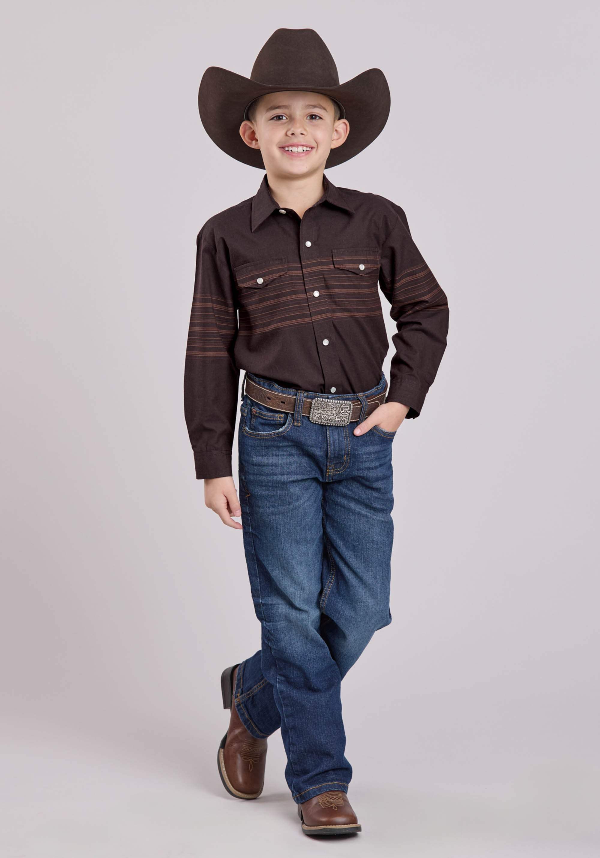 Roper Boys Long Sleeve Snap Chocolate Saddle Brown Border Strp Western Shirt - Roper - Flyclothing LLC