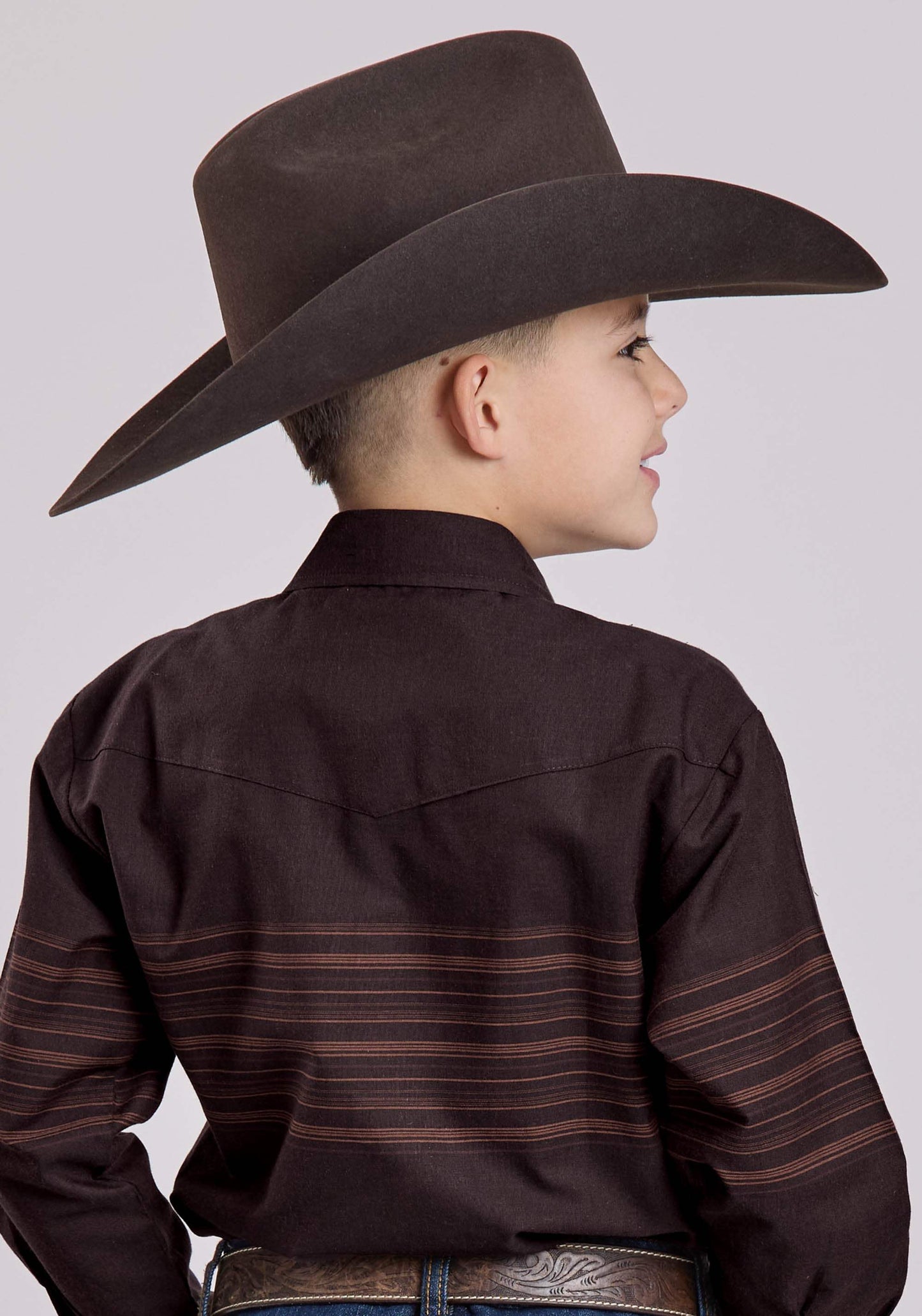 Roper Boys Long Sleeve Snap Chocolate Saddle Brown Border Strp Western Shirt - Roper - Flyclothing LLC