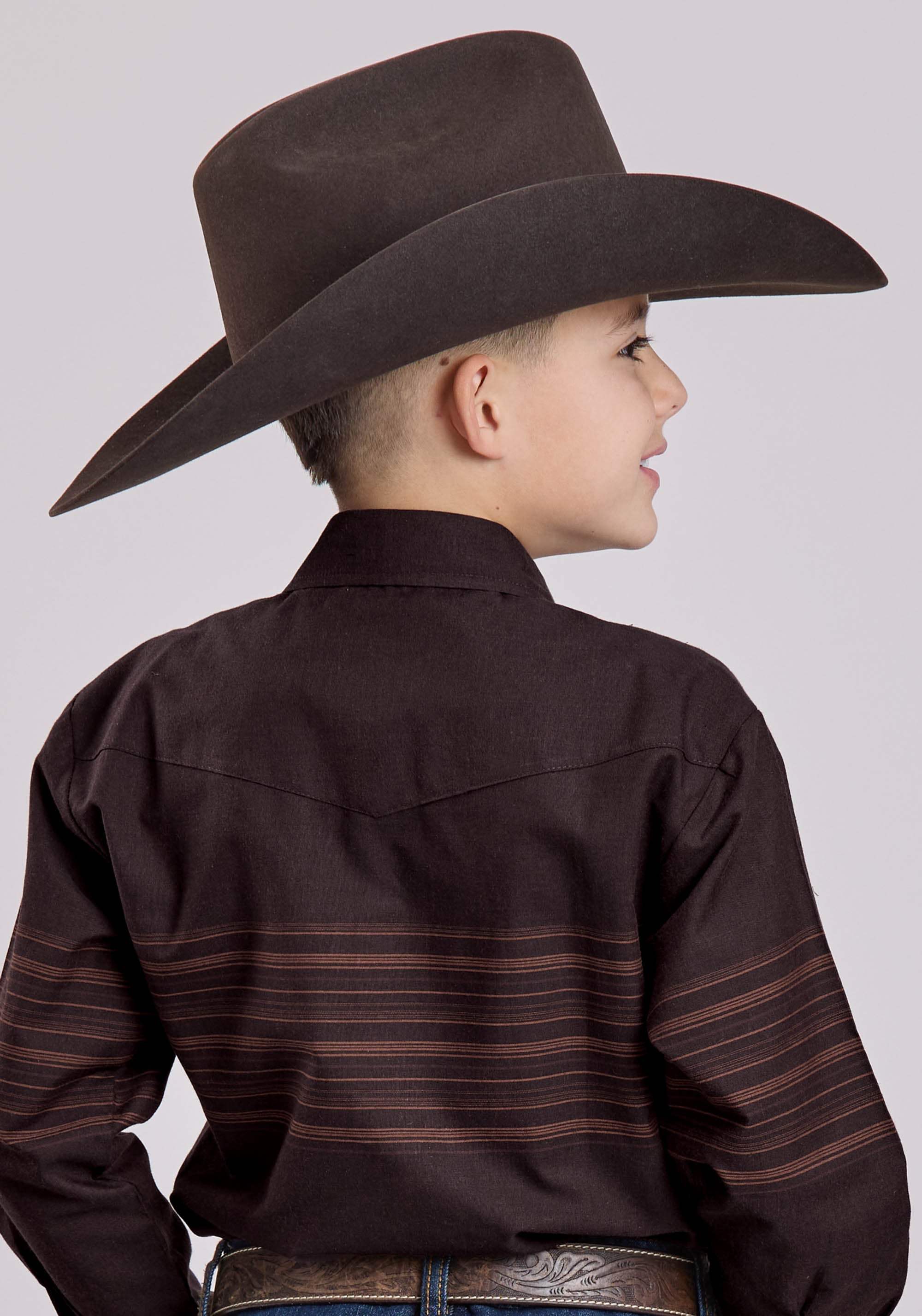 Roper Boys Long Sleeve Snap Chocolate Saddle Brown Border Strp Western Shirt - Roper - Flyclothing LLC