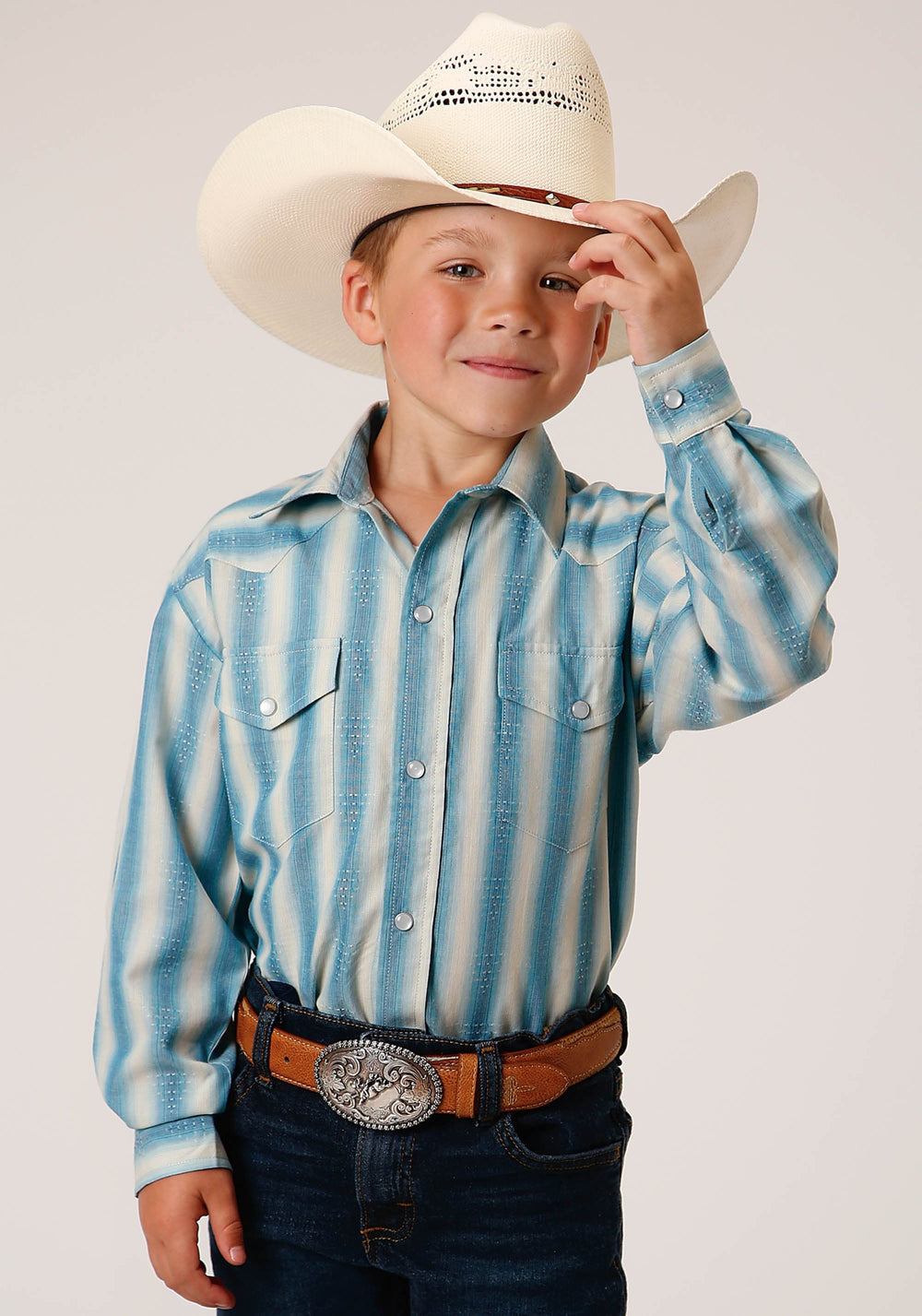 Roper Boys Long Sleeve Snap Aqua And Cream Ombre Stripe Western Shirt - Roper