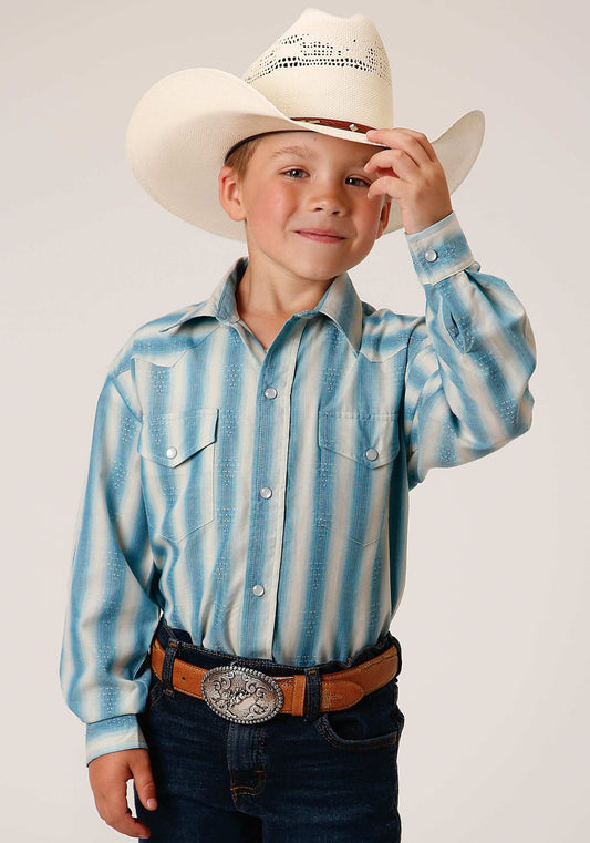 Roper Boys Long Sleeve Snap Aqua And Cream Ombre Stripe Western Shirt - Roper - Flyclothing LLC