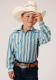 Roper Boys Long Sleeve Snap Aqua And Cream Ombre Stripe Western Shirt - Roper