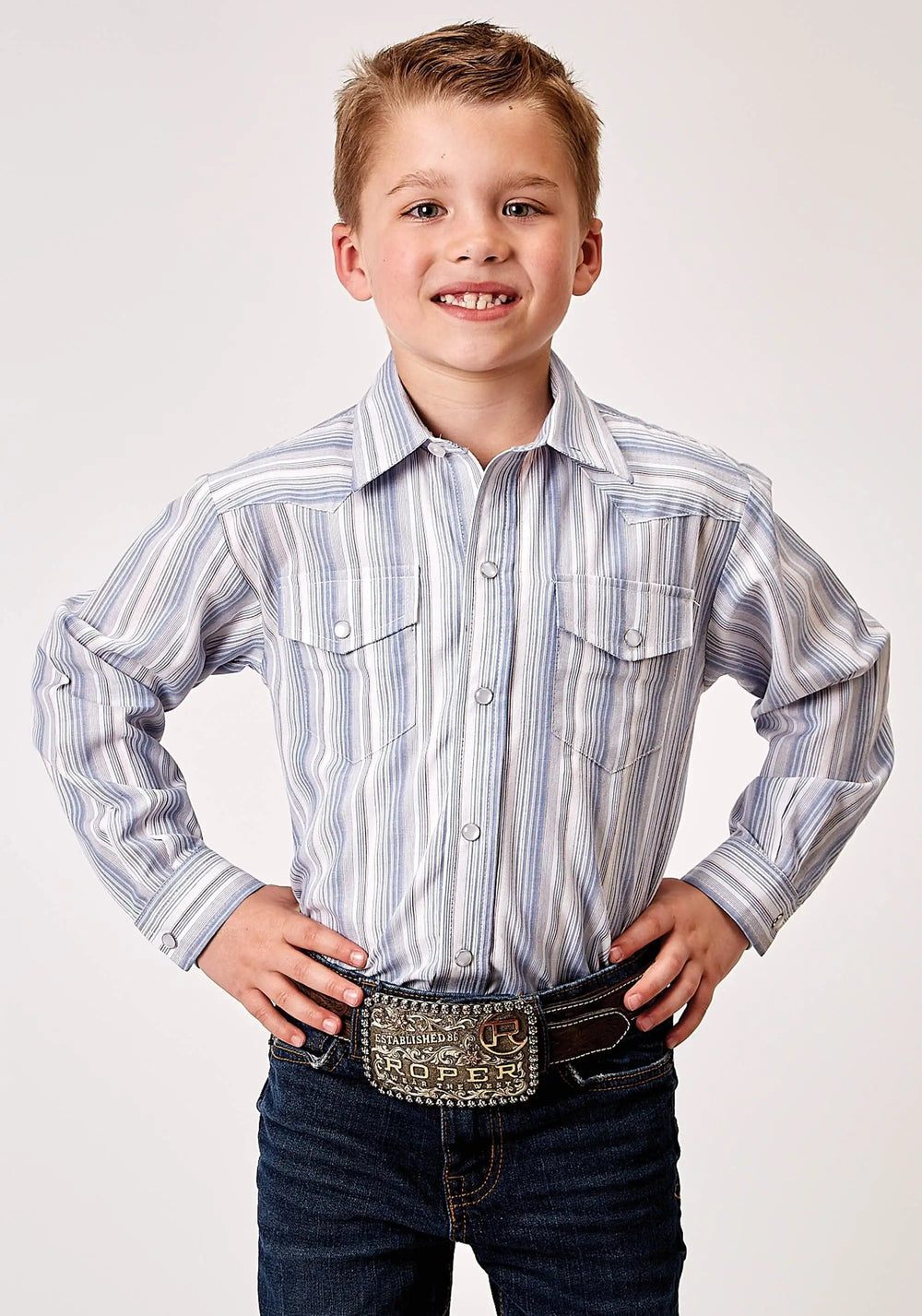 Roper Boys Long Sleeve Snap Blue Stripe Western Shirt - Roper