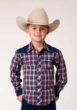 Roper Boys Long Sleeve Snap Navy Red Cream Plaid Western Shirt With Solid Yokes And Smile Pockets - Roper - Flyclothing LLC