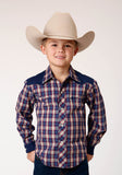 Roper Boys Long Sleeve Snap Navy Red Cream Plaid Western Shirt With Solid Yokes And Smile Pockets - Roper