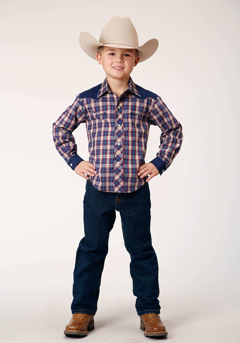 Roper Boys Long Sleeve Snap Navy Red Cream Plaid Western Shirt With Solid Yokes And Smile Pockets - Roper - Flyclothing LLC