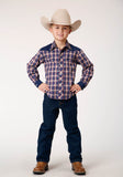 Roper Boys Long Sleeve Snap Navy Red Cream Plaid Western Shirt With Solid Yokes And Smile Pockets - Roper